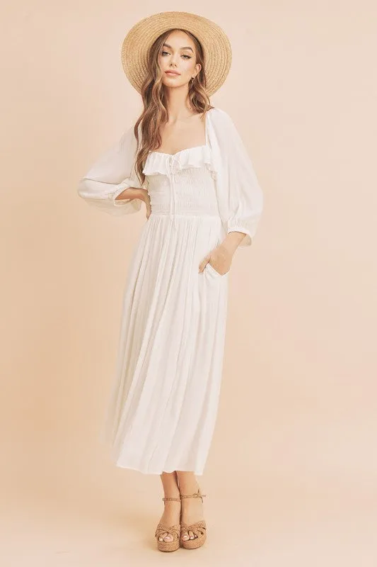 Aemi   Co Ruffled Smocked Square Neck Balloon Sleeve Dress