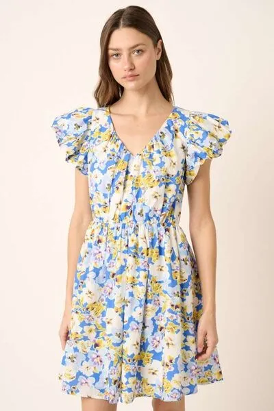 Blue Floral V-Neck Cap Sleeve Mini Dress