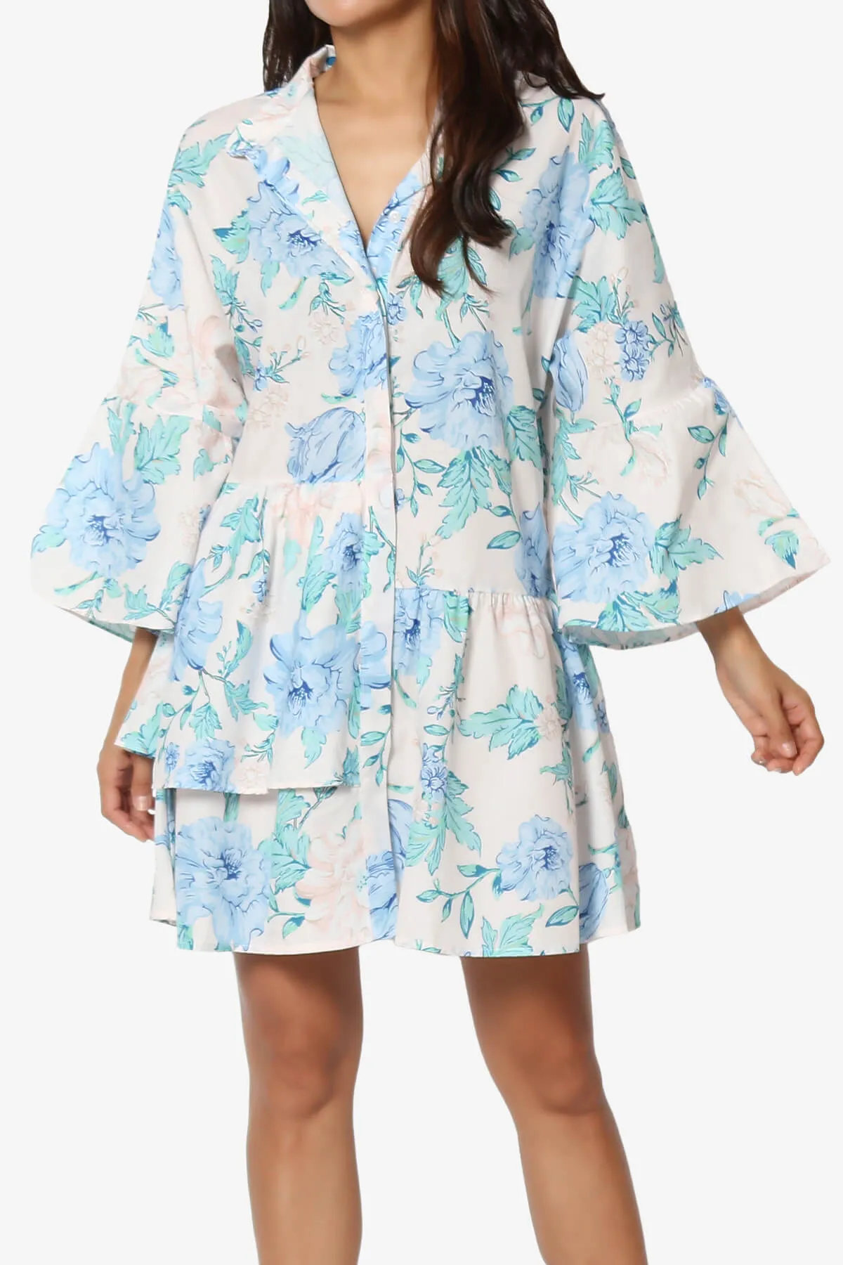 Bowen Floral Ruffle Tiered Mini Shirt Dress