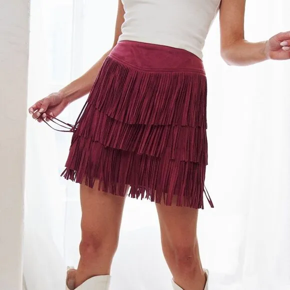 Burgundy Fringe Mini Skirt