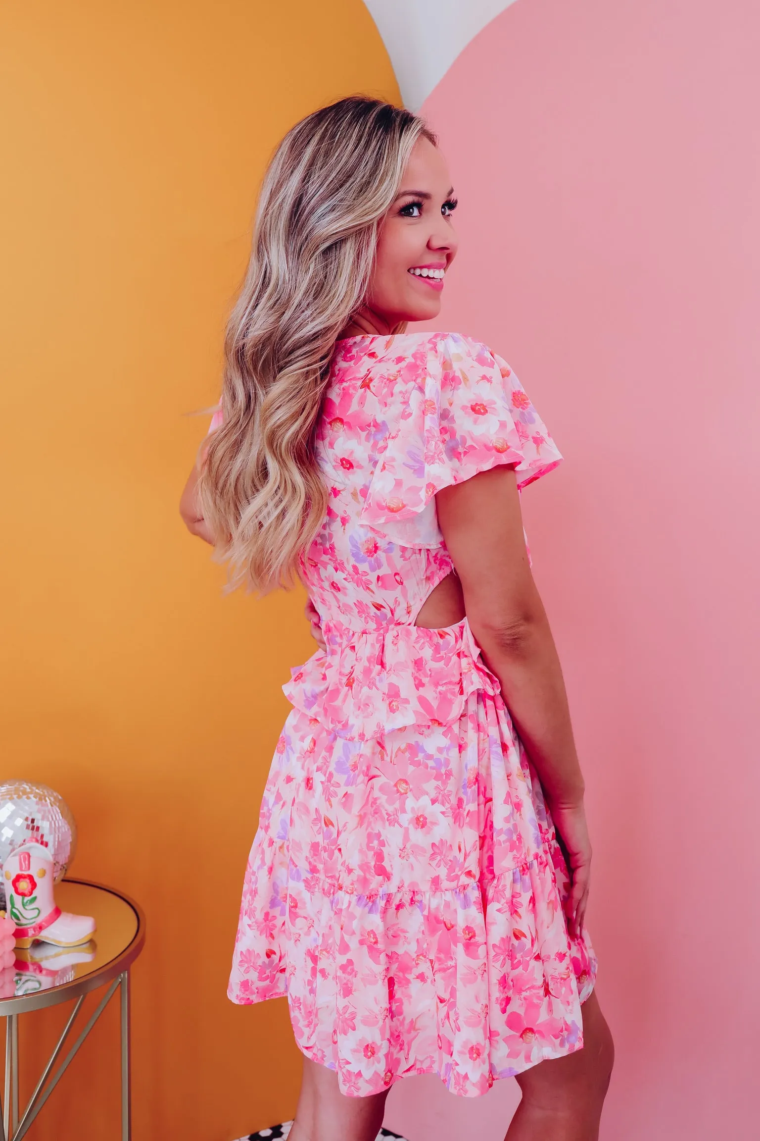 Fiona Flutter Sleeve Floral Dress - Pink