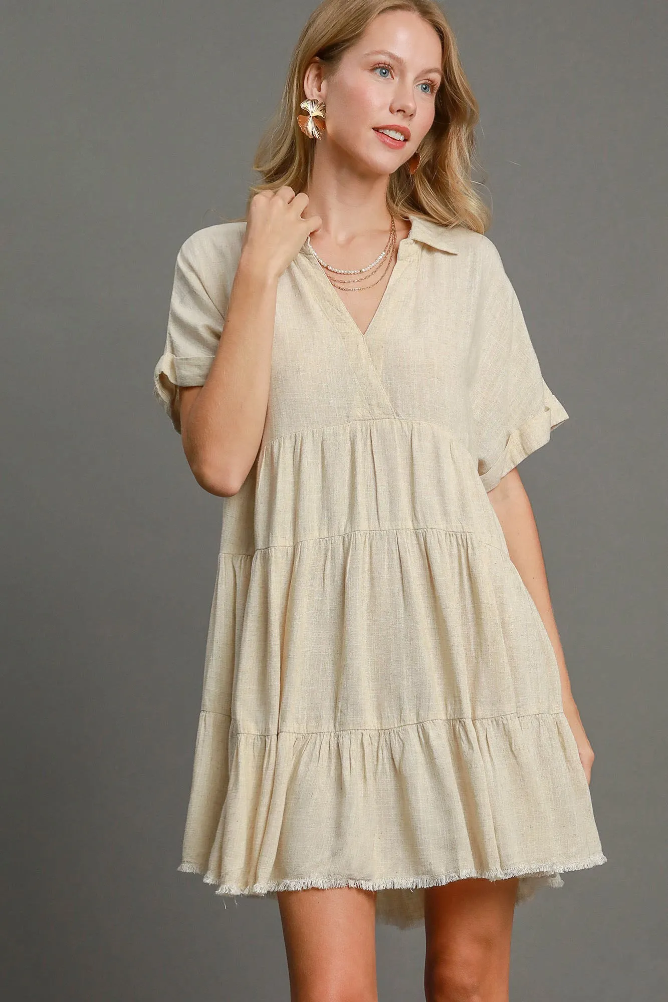 Hazel Blues® | Umgee Raw Hem Folded Sleeve Tiered Dress