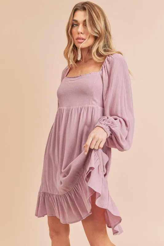 Mauve Ruffled Hem Square Neck Balloon Sleeve Mini Dress