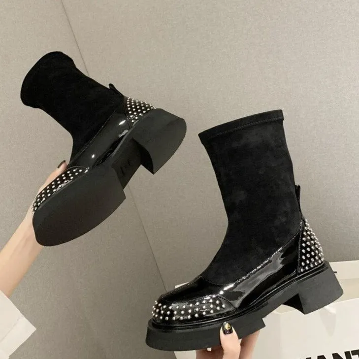 Women Black Motorcycle Boots Chunky Heel Chelsea Boots