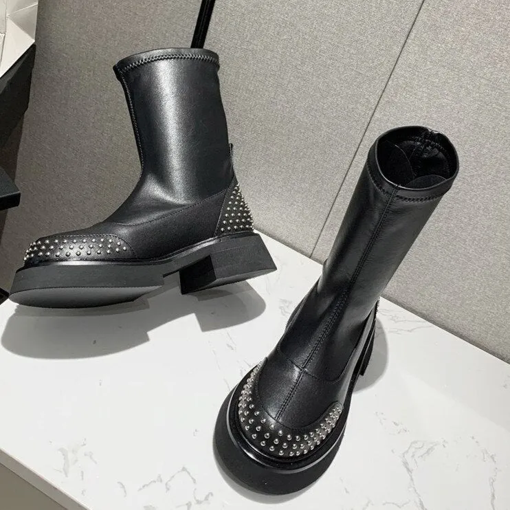 Women Black Motorcycle Boots Chunky Heel Chelsea Boots